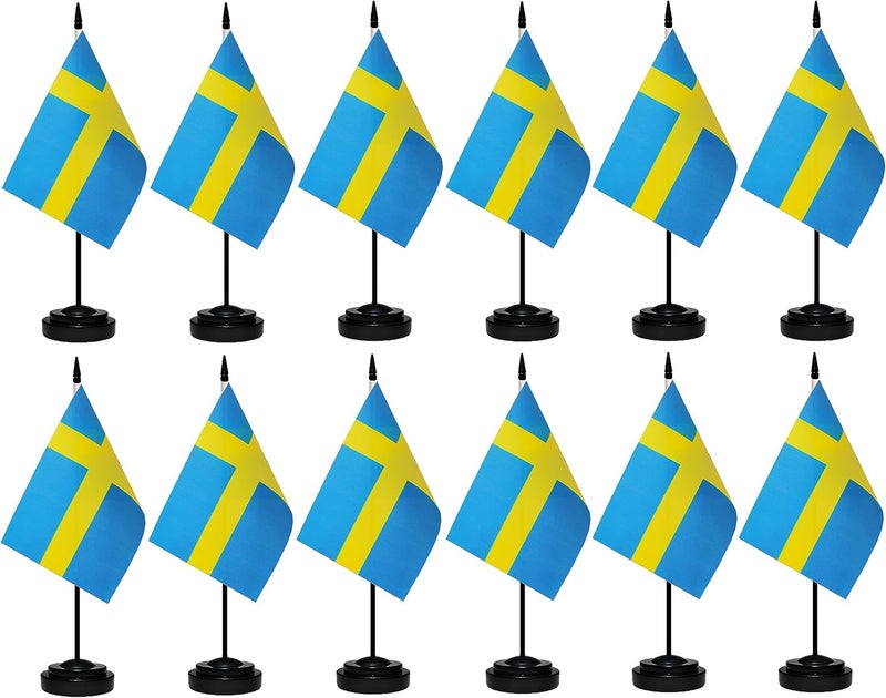 tibijoy Sweden Flags Swedish Small Mini Desk Flags Set Small Mini Sweden Flags Table Flag with 13" Black Pole, Black Base and Spear Top, Miniature Swedish Deluxe Desktop Flag, Home Decoration, Office - Image 1
